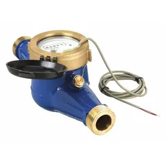 This inline multijet flowmeter features a brass body with 1 in NPT connections and a natural rubber seal. It provides analog flow indication in gallons with +/-1.5% accuracy, operates at a maximum voltage of 24V DC, and supports universal mounting orientation. Suitable for water metering in process monitoring, water treatment, and irrigation systems.