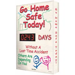 Electronic safety scoreboard with aluminum construction, 28 in x 20 in size, and mounting holes for wall installation. Operates on 110/120V AC and is programmed via an on-unit control panel. Displays customizable safety messages to track lost-time incidents in industrial environments.