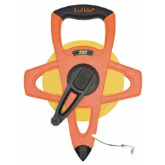 Manual open-reel long tape measure with a 200 ft fiberglass blade. Single-sided SAE/Engineers scale graduated in 1/100 ft. Nonmagnetic single hook end and plastic case with grip. Suitable for measuring long distances in construction, surveying, and industrial layout work.