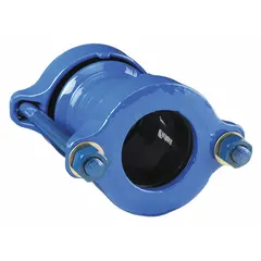 This flanged ductile iron coupling body features female flanges on both sides and steel bolts. Designed for accommodating vibration movement in piping systems, it has a 2-inch nominal pipe size on fitting side A and a maximum operating pressure of 250 psi.
