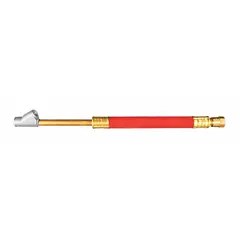 Brass tire chuck with straight long-reach push-on design and dual-head FNPT connection. Used for inflating tires, particularly in confined spaces where a secure air-chuck connection is needed.