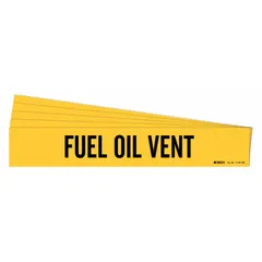 Yellow adhesive pipe marker with black legend reading 'Fuel Oil Vent'. Designed for pipe outer diameters of 8 inches and larger. Each pack contains 5 markers without directional arrows. Used to identify fuel oil vent lines in piping systems.