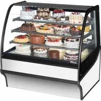 This curved glass display refrigerator merchandiser is designed for commercial retail environments to showcase and preserve chilled beverages and perishable foods. It features a silver finish and curved glass front for product visibility, uses R-290 refrigerant, and measures 49 1/8 x 48 1/4 x 39 inches