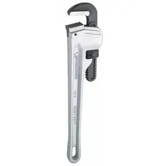 Straight pipe wrench with serrated jaws and I-Beam handle, 48 in overall length and 6 in jaw capacity. Constructed of aluminum for reduced weight. Used for gripping and turning pipes, fittings, and round stock in plumbing, HVAC, and industrial maintenance.
