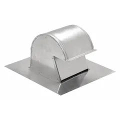 Round roof cap for terminating 10-inch round ducts through a roof. Made of 26-gauge galvanized steel with a silver finish. Features a press-fit connection and includes a backdraft damper to prevent reverse airflow. No screen included.