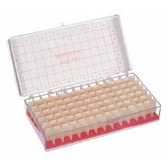 Polystyrene storage box for organizing and protecting vials in laboratory settings. Overall dimensions: 7 1/4 in length, 3 1/2 in width, 2 1/4 in height. Suitable for benchtop or drawer storage of sample vials during transport or storage.