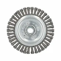 This heavy-cleaning brush is designed for contoured carbon steel surfaces. It features a 5-inch diameter, 5/8"-11 arbor, and 0.02-inch twisted steel fill. Suitable for removing rust, scale, and weld splatter from irregular shapes in metal fabrication and maintenance tasks.