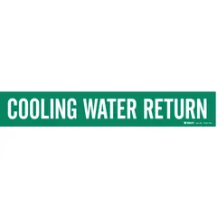 Green adhesive pipe marker with white 'Cooling Water' legend, designed for pipes with outer diameter of 8 inches and larger. Each unit includes one marker without arrows. Used to identify cooling water pipes in industrial facilities.