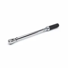 This ratcheting micrometer torque wrench has a 3/8 in drive size and 18 in overall length. It is used for precision tightening of fasteners in applications such as engine assembly and equipment maintenance where exact torque is critical.