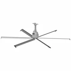 Industrial HVLS ceiling fan with 8 ft blade diameter, delivering 31,523 cfm airflow. Operates on 230V AC three-phase power at 2.6 A with variable speed control. Suitable for large commercial and warehouse spaces requiring efficient air circulation.
