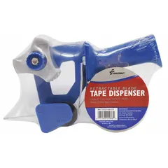 Clear packing tape and pistol-grip dispenser combo pack. Tape has 47 oz/in adhesive strength and 1.9 mil thickness. Nominal size 2 in x 55 yd. Used for sealing cartons and packages in shipping and warehousing.