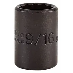 SAE 9/16 in 12-point impact socket with 3/8 in drive and standard depth. Black oxide finish. Overall length 1 1/8 in. For use with impact tools on 9/16 in fasteners in automotive and industrial applications.