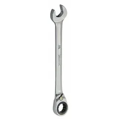 This 17 mm metric spline ratcheting combination wrench features an offset design for improved access in confined spaces. The chrome finish provides corrosion resistance. Suitable for tightening and loosening fasteners in industrial maintenance, automotive repair, and mechanical assembly.