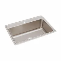 This one-bowl counter-mounted sink is designed for drop-in installation in kitchen and bar countertops. It features a 10 1/8-inch deep bowl for washing dishes or food preparation. The sink has an overall width of 21 1/4 inches and is finished in silver/gray