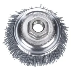 Cup brush with crimped wire bristles for deburring and surface finishing on all metals. 3-1/2 in diameter, 0.035 in fill diameter. 5/8"-11 arbor hole for mounting on angle grinders or bench tools.