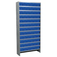 This metal stationary bin shelving unit features a gray steel frame and 72 blue closed-front bins. Each bin measures 4-5/8 in x 5-9/16 in x 11-5/8 in. With 13 shelves and one usable side, it is suited for organizing small parts in industrial storage areas.