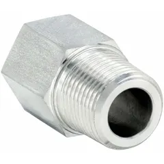 316 stainless steel straight pipe fitting with 1/4 in x 1/8 in NPT threads, rated for 6,000 psi. Length 1 3/32 in. Used to connect two male threaded pipes in a straight line in high-pressure hydraulic and pneumatic systems.