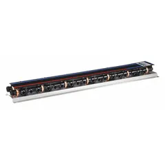 Stainless steel branch manifold for PEX plumbing and heating systems. Features 24 inlets and 39 outlets, sized for 1 in and 1/2 in connections. Maximum operating pressure is 100 psi. Used to distribute water or heating fluid from a single supply to multiple branch lines.