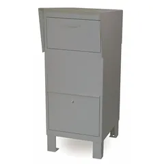 This horizontal mailbox for packages features a single front-access door and is constructed of gray steel. It is lockable but not USPS Master Lock compliant, making it suitable for private package delivery applications where USPS locking standards are not required.