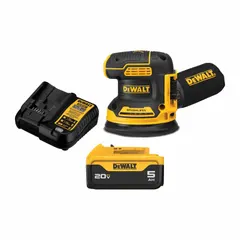 The DEWALT DCW210P1 is a 20V MAX cordless random orbital sander with a 5-inch hook-and-loop pad. It includes a 5.0 Ah battery. Suitable for sanding wood, metal, and painted surfaces, it is used for finish sanding, paint removal, and surface preparation.