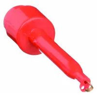 Mini hook clip with beryllium copper contact and red glass-filled nylon body. Rated for 5 A maximum current. Suitable for temporary electrical connections in testing and probing applications on circuit boards or test fixtures