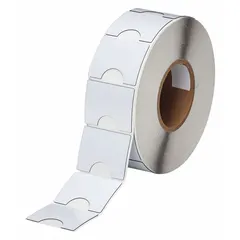 Polyester white gloss precut label roll for raised panel push buttons. Each label measures 2 in x 2 13/32 in, with 500 labels per roll. Compatible with BBP81 printer series. Used for labeling switches and buttons in industrial control panels.