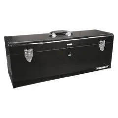 This steel tool box provides a single compartment for storing and organizing hand tools, parts, and small equipment. It measures 24 inches wide, 8 inches deep, and 9 inches high, with a black finish. A padlock is included for security during transport or storage in workshops, garages, or job sites.