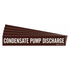 Brown adhesive pipe marker with white legend text reading 'Condensate'. Designed for pipes with outer diameter of 8 inches and larger. Each pack contains 5 markers, with one marker per pipe. No arrows included. Used to identify condensate piping in industrial facilities.