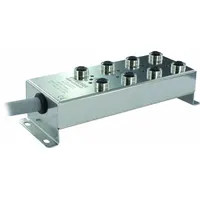 This washdown-rated passive sensor junction block with homerun cable consolidates sensor wiring in environments requiring high-pressure, high-temperature cleaning. It features a stainless steel housing, IP69K protection, 8 ports of 5-pole M12 female connectors, and a 10-meter cable length