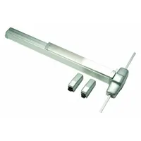 Surface vertical rod exit device with touchbar and night latch, constructed of aluminum. Designed for doors up to 4 ft wide. Finish is US28 (satin aluminum). Suitable for use in commercial buildings requiring reliable egress actuation