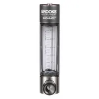 This panel-mount variable-area flowmeter is designed for measuring flow rates of air and compressed gas. It features a scale display in liters, Viton O-ring seals, and a flow rate adjustment knob. Accuracy is ±5%, and the unit mounts vertically with FNPT connections
