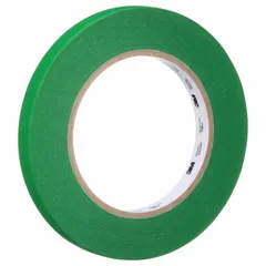 Green rubber adhesive masking tape with crepe paper backing for indoor/outdoor use on paper surfaces. Roll width 1/2 in, pre-cut diameter 4 3/4 in, overall length 60 1/8 yd. Suitable for general masking, painting, and surface protection applications.