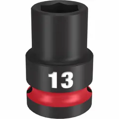 This 1/2" drive impact socket features a 13 mm metric, 6-point design for use with impact wrenches. The black phosphate finish provides corrosion resistance. Suitable for fastening and loosening nuts and bolts in automotive, construction, and industrial maintenance applications.