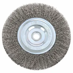 Crimped stainless steel wire wheel brush for light cleaning and surface preparation on stainless steel. Removes rust, scale, and oxidation without contaminating the workpiece. Suitable for metal fabrication, welding prep, and general maintenance tasks.