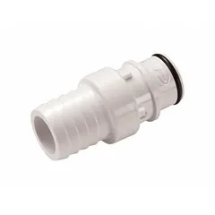 This polysulfone quick-disconnect tube fitting features a 3/4 in ID size with a coupler x barbed connection. It is used for fluid transfer in pneumatic systems, allowing fast line changes without tools. The barbed end connects to flexible tubing, while the quick-disconnect coupler enables secure, tool-free connections.