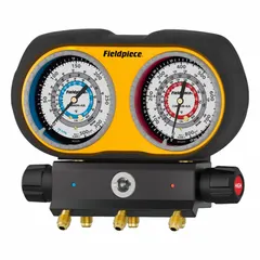 Analog manifold gauge set with 3-inch gauges and a 3-port manifold. Includes sight glass for monitoring refrigerant flow and ball valve hose connections. Designed for use with R-32, R-22, R-410A, and R-454B refrigerants in HVAC service and maintenance.