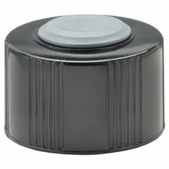 Black phenolic screw cap with 33-430 mm closure size, designed for sealing laboratory containers such as media bottles and serum vials. Autoclavable for sterile applications, includes a septa for needle access.