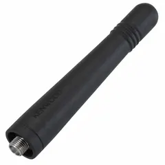 This VHF stubby antenna is designed for use with Kenwood NX-P1000 portable radios. It operates across 146 MHz to 162 MHz and has a compact 3 1/8-inch overall length. The antenna features a black finish and is suitable for short-range two-way radio communication in various professional settings.