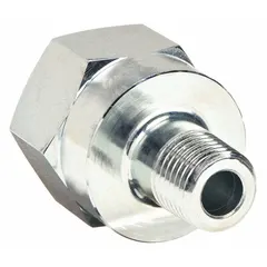 Rigid steel hydraulic hose adapter with male NPTF threads (3/8 in) and female NPTF port (1/2 in). Designed for connecting hydraulic hoses or components in fluid power systems requiring leak-resistant NPTF connections. Suitable for high-pressure industrial applications.