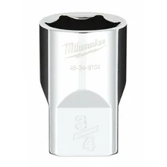 This MILWAUKEE anti-roll hand socket features a 1/2 in drive size and 3/4 in SAE socket size. It has a 6-point, standard-length design with a chrome finish. The anti-roll geometry prevents the socket from rolling on sloped surfaces, making it suitable for manual fastening tasks in maintenance, repair, and assembly applications.
