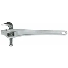 This offset pipe wrench has a 24-inch overall length and a 3-inch jaw capacity. The serrated jaw provides grip on round surfaces, and the I-beam handle design offers strength. It is suited for turning pipes and fittings in confined or offset spaces where a straight wrench cannot be used.