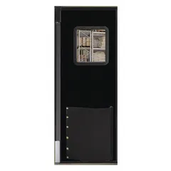 This single-leaf insulated swinging door is constructed of black textured polyethylene and measures 3 ft wide by 8 ft high. It includes a polycarbonate window, door seals, bumpers, and mounting hardware. The door meets USDA standards, making it suitable for applications requiring temperature control and sanitation, such as cold storage and food processing areas.