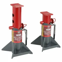 AME 14360 light-duty jack stands, sold as a pair, with a 9-ton load capacity and 16 1/2 in max extended height. Features a square steel base and flat saddle with pin adjustment for height setting. Used for supporting vehicles or equipment during maintenance and repair.