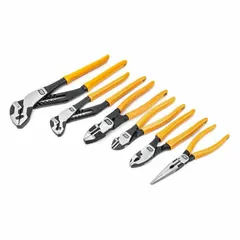 This 6-piece manual plier set includes dipped cushion grip handles for comfort during general gripping, cutting, and bending tasks. The set covers a pliers range of 6 to 9 inches and is carded for retail display. Suitable for maintenance, repair, and assembly applications.