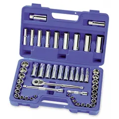 This 49-piece socket set features a 3/8 in drive and 6-point sockets in both metric and SAE sizes, ranging from 1/4 in to 7/8 in. It includes drive tools for tightening and loosening fasteners in automotive repair, machinery maintenance, and general industrial assembly. Socket bits and wrenches are not included.