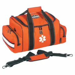 Orange polyester duffel bag with zipper closure and padded shoulder strap. Dimensions 19 in L x 12 in W x 8 1/2 in D. Suitable for carrying emergency medical supplies, first-aid kits, or personal gear in healthcare and field-service settings.