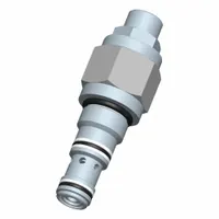 Screw-in counterbalance cartridge valve with screwdriver adjustment. Steel body with nitrile seal. Designed for C08-25 cavity size. Used in hydraulic systems for load-holding and motion control, preventing uncontrolled load movement