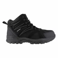 Men's size 7, M-width, black hiker-style safety-toe work boot with a round toe, removable insole, and lace-up closure. Features electrical hazard rating, oil-resisting, chemical-resisting, and metal chip-resisting sole. Non-metallic upper with cemented construction. Suitable for industrial environments requiring electrical hazard protection and resistance to oils, chemicals, and metal chips