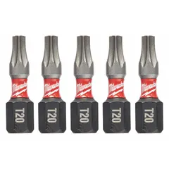 Insert bit with T20 Torx head and hex shank, made from alloy steel. Designed for driving Torx fasteners in assembly and construction tasks. Compatible with impact drivers and power tools for torque transfer.