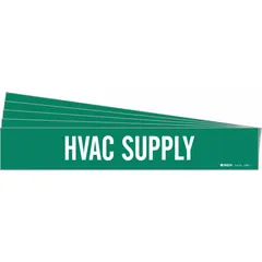 Green adhesive pipe marker with white 'HVAC Supply' legend, designed for pipe outer diameters from 2-1/2 to 7-7/8 inches. Sold in a 5-pack without arrows, it provides clear identification for HVAC supply lines in commercial or industrial facilities.